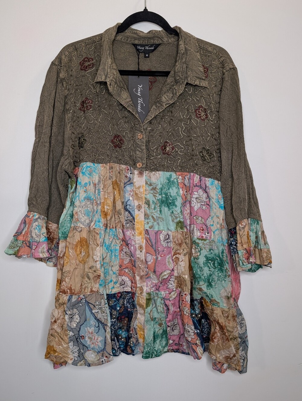Young Threads Patchwork Embroidered Tunic Top Boho Floral Size XL NWT - Picture 2 of 7